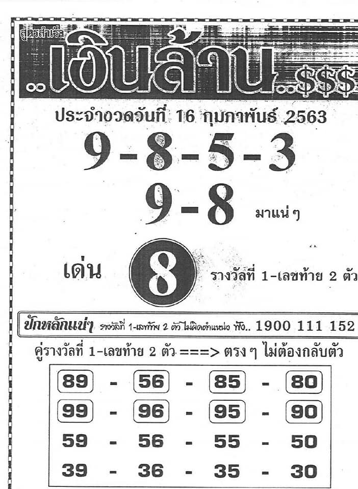 หวยเงินล้าน 16/2/63