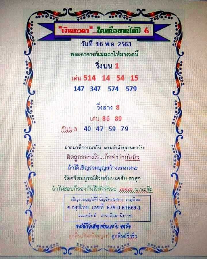 หวยเงินเทวดา 16/5/63