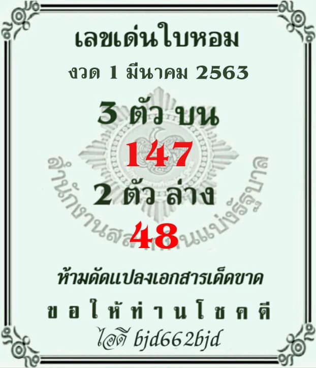 หวยเลขเด่นใบหอม 1/3/63