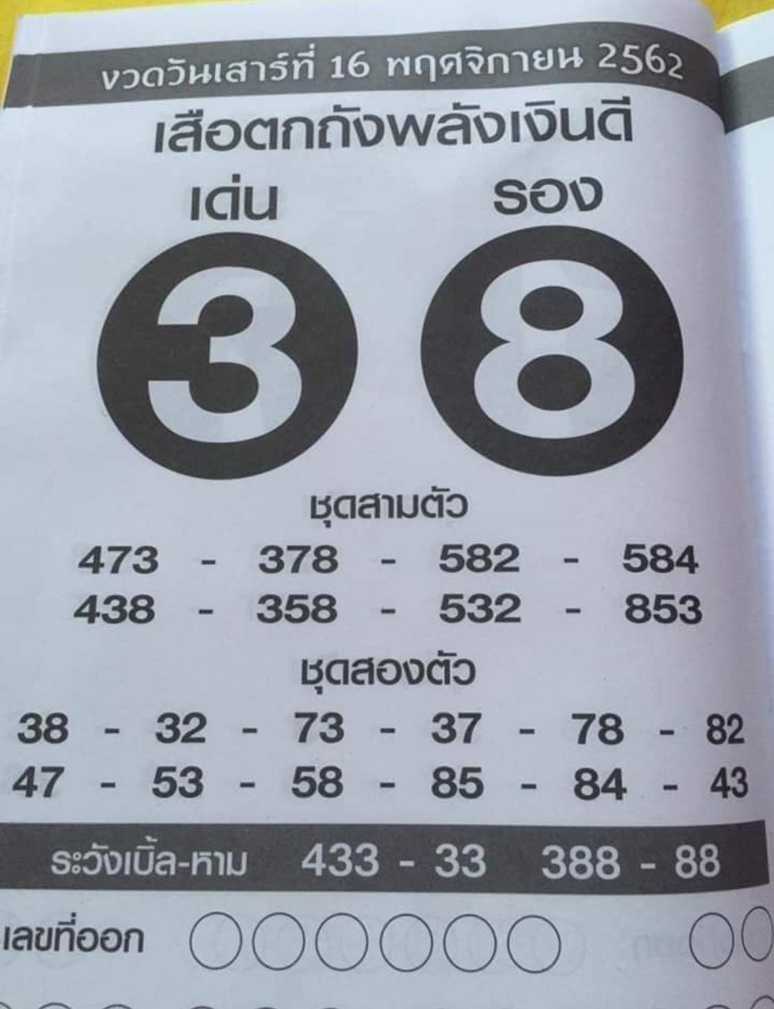 หวยเสือกตกถังพลังเงินดี 16/11/62