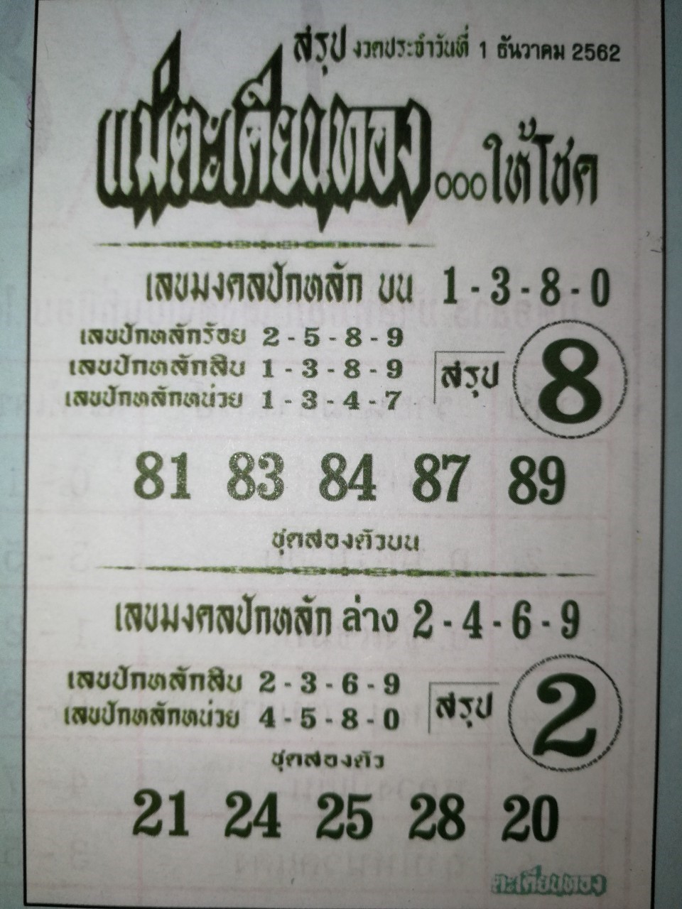 หวยแม่ตะเคียนทอง 1/12/62