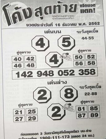 หวยโค้งสุดท้าย 16/12/62