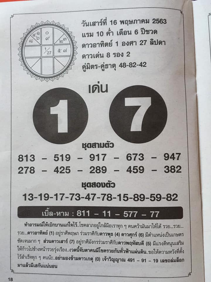 เลขเด่นวันเสาร์ 16/5/63