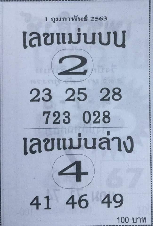 เลขแม่นบน เลขแม่นล่าง 1/2/63